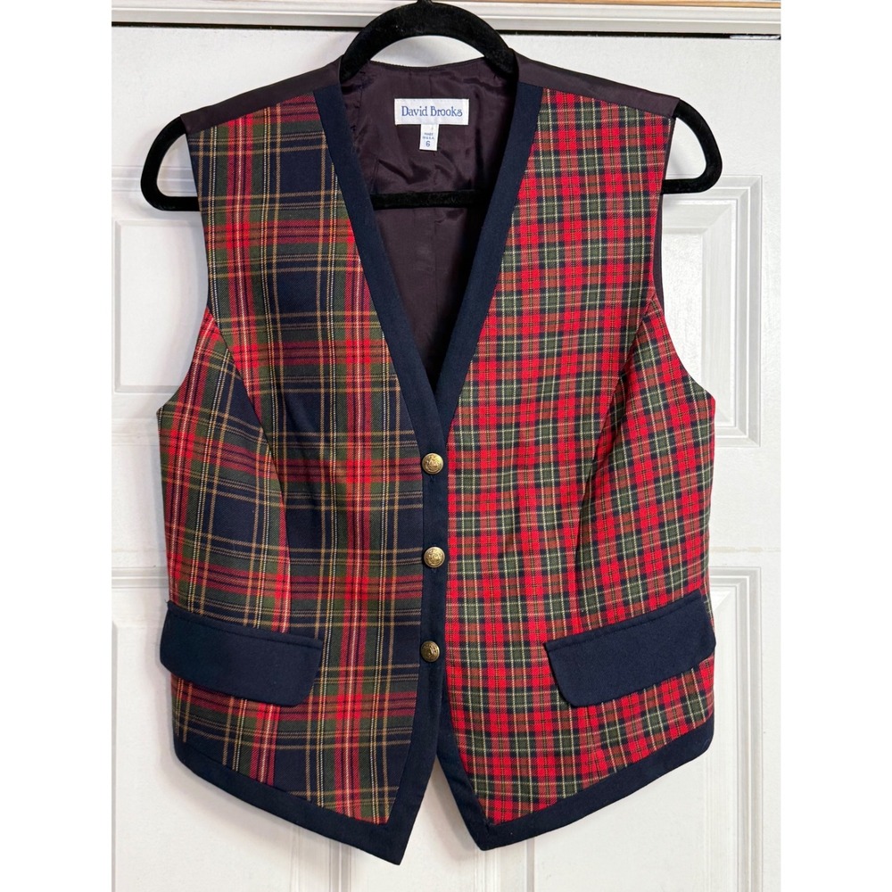 Vtg‎ David Brooks Plaid Patchwork Wool Blend Vest Womens Size 6 Gold Button